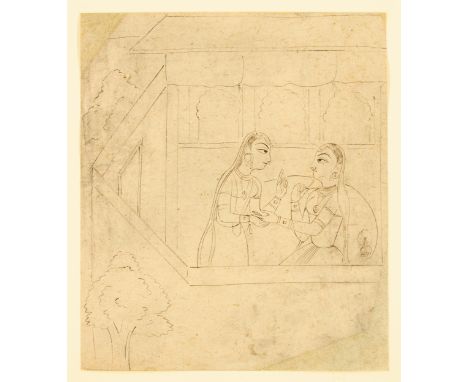 A drawing : two women in conversation on a terrace,   North India, late19th century, Ink on paper, possibly an interpretation