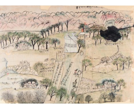 A large sketch of a hunt scene,  Kotah, Rajasthan, 18th centuryInk heighted with gouache on paper, hills and monuments identi