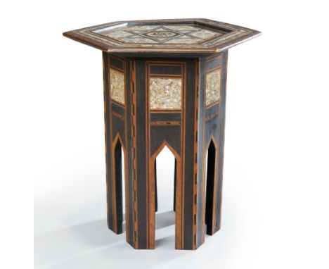 A Levantine or Levantine style mother of pearl inlaid hexagonal table,  20th century, The top decorated with a simplified tug