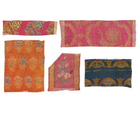 A study group of Safavid silk and metal thread textile fragments,  Iran, 17th centuryEach of rectangular form, depicting thre