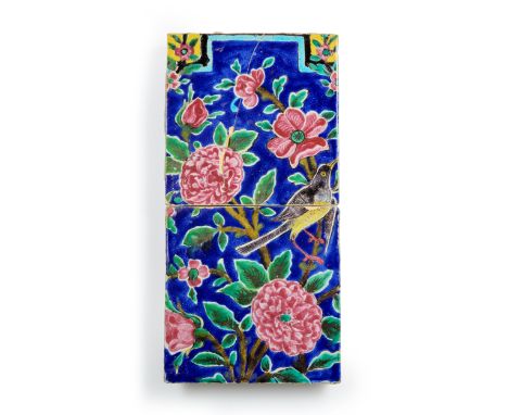 Two Qajar floral tiles with nightingale,  Iran, circa 1900, Of square form, part of a larger panel, with blossoming branches 