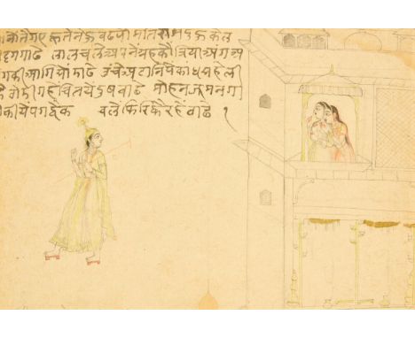 A drawing of an illustration to a Krishna Lila series : Radha and a companion at a jarokha window look at Krishna below, Kang
