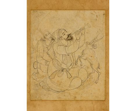 A seated dervish and a shepherd,  Safavid Iran or later, 17th century, On paper, laid on card,  the first, bearded and turban