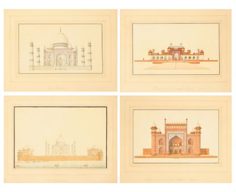 Four architectural views of Mughal sites : the Taj Mahal from the bank of the Yamuna river, the gateway to the Taj Mahal, the