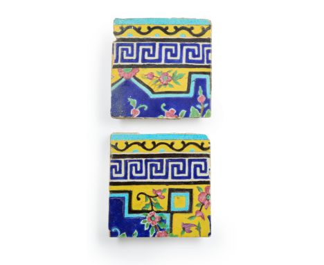 Two square pottery border tiles,  Qajar Iran, late 19th century, Of square form, part of a larger panel, underglaze painted i