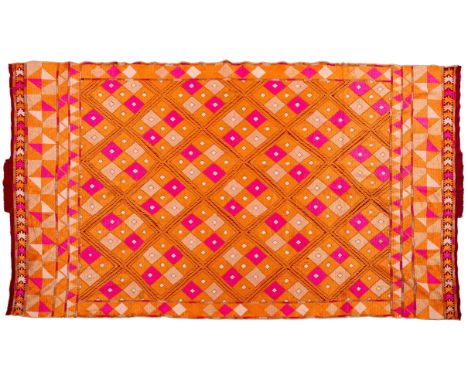 An embroidered shawl (phulkari), meenakari,  Punjab, first half 20th century, silk floss on cotton dark maroon ground, 6 and 