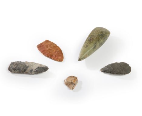 Three stone tools, 10.5cm max length; a fragmentary flint and a mottled greenstone axe with pointed butt, 15.6cm long (4)Prov
