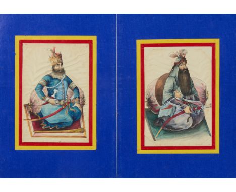 A concertina format album of twelve portraits of rulers, dervish and Europeans,  Qajar Iran, 19th century, Transparent and op