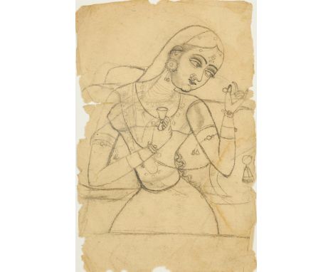 A sketch portrait of a dancing courtesan,   North India, circa 1800,ink or pen on paper, veiled and bejewelled, holding a fla