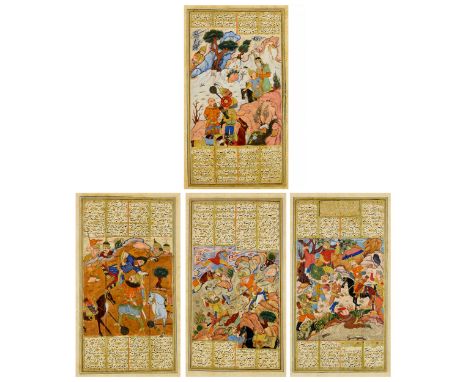 Five detached illustrated folios from a Shahnama : Rustam lifts Afrasiyab of Turan by the belt ; Garsivaz is flogged while Af