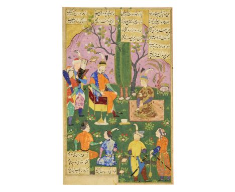 A detached illustrated folio from a Shahnameh : an enthroned ruler receives a visitor in a pleasure garden,   Tabriz or Qazwi