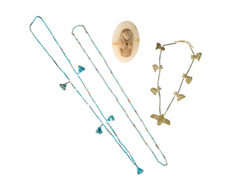 A restrung Egyptian bead necklace composed of ancient blue, cream and red faience tubular and disc beads, another of ancient 