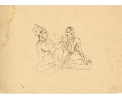 An unfinished sketch of a seated couple caressing : possibly Radha and Krishna or an illustration to a ragamala series Kishan