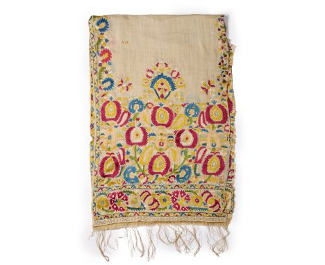 An embroidered mirror cover (tensifa) of fine muslin,   Tetouan, Morocco, 18th centuryembroidered in floss silks, the deep en