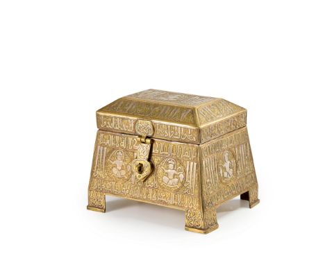 A silver and copper overlaid copper-alloy casket,  Revival style, possibly Cairoware, 19th/20th century, On four feet, with s