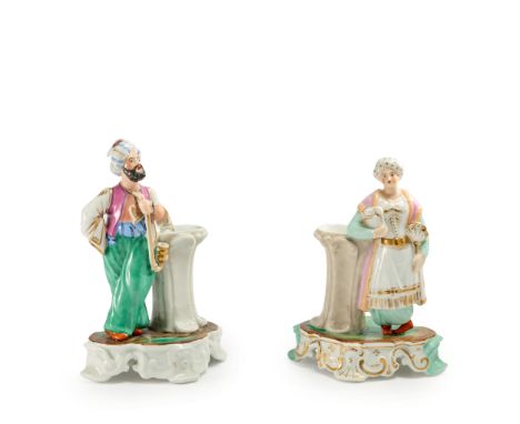 Two gilt and painted porcelain orientalist standing figures : a sultan and sultana, Possibly porcelaine de Paris, 19th centur