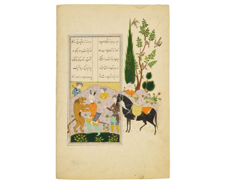 An illustrated detached folio : a hero fighting a bear,  Qazwin or Shiraz, Safavid Iran, circa 1560, Opaque pigments on paper