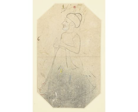 A preparatory sketch : a standing portrait of a nobleman,   India, 19th century, ink and pencil on paper, facing left, bearde