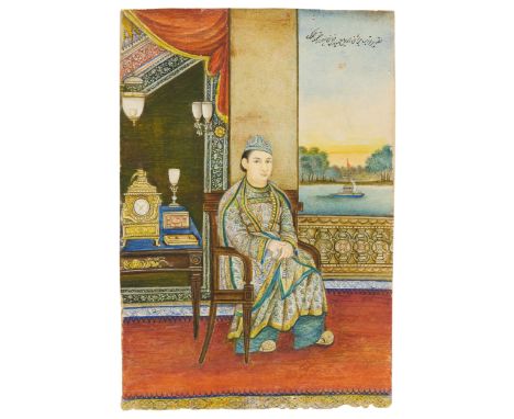A seated portrait of a young nobleman Nur al-din Hussein Khan,  Lucknow, North India, circa 1820, Opaque pigments on paper, t