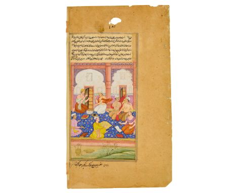 A detached illustrated folio from a Razmnama : Yudhisthira ask his brothers and Vidura what was an important virtue Mughal In