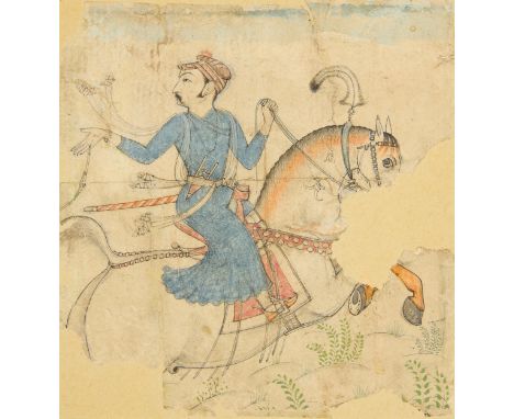 A fragmentary equestrian portrait of a noble man,   Rajasthan, India, first half 19th century, Ink heightened with opaque and