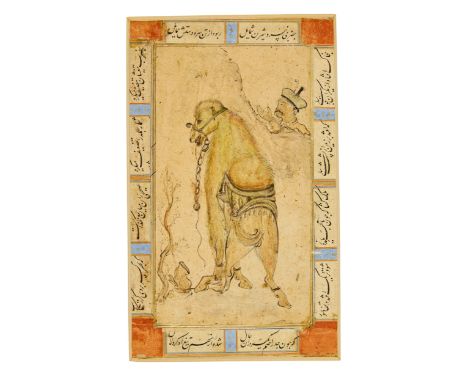 A tethered camel, Probably Isfahan, early 18th century, Ink and colours on paper, in a rocky landscape, his keeper in the bac