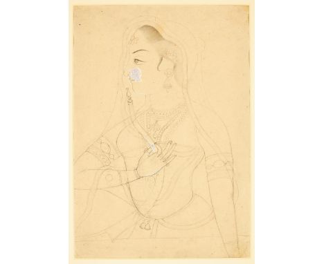 A sketch : a bust portrait of a courtesan smoking a waterpipe (huqqa), Jaipur, India, circa 1875, ink and pen on paper, facin
