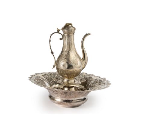 An silver repousse and engraved ewer, basin and sieve,   Ottoman Turkey, period of Sultan AbdulHamid II (1842-1918), The ewer
