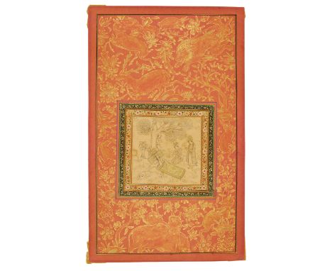 A detached album folio : a drawing of a young beauty sleeping under a tree,  Safavid revival style, Qajar Iran, late 19th/ear