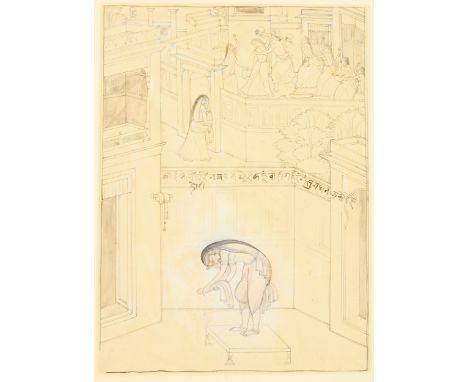 A preparatory drawing for an illustration for a Krishna Lila series : Radha at her toilet readying herself to meet Krishna, K