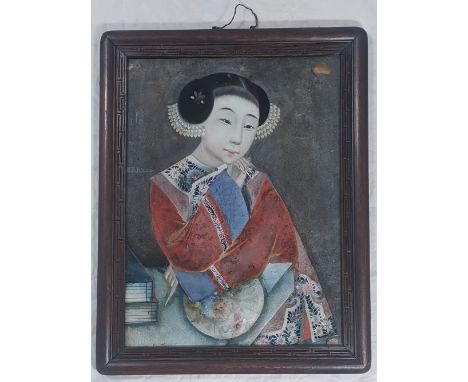 A Chinese 19th century reverse glass painted portrait of a lady, H.28.5cm W.38.5cm