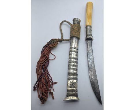 A 19th century Burmese silver encased dagger (Dha Hmyaung) with ivory hilt, Shan People, Burma, L.40.5cm