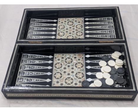 A North African bone and mother of pearl inlaid Backgammon set