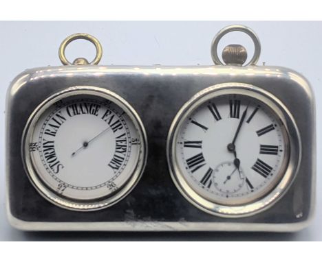 Garrards &amp; Co. silver and leather cased goliath pocket watch and barometer, white metal cases, the case hallmarked London