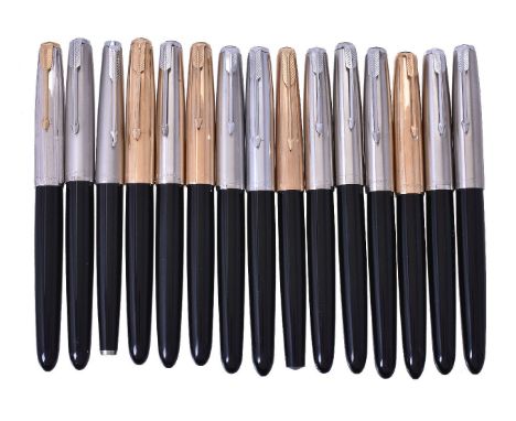 Parker, 51, fifteen black fountain pens, the caps with arrow clips, hooded nibs, squeeze bar filling systems, inked
