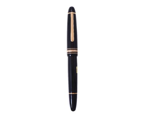 Montblanc, Meisterstuck 146, a black fountain pen, the cap with a gilt clip and triple cap band, the fine nib stamped 14K, in