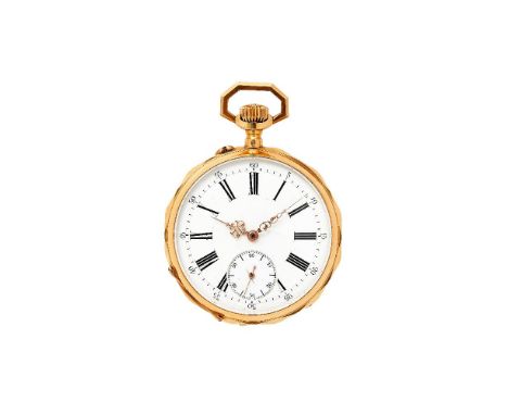 Unsigned,   French gold open face keyless wind pocket watch, no. 123664   Movement: Cylinder movement, three armed domed bala
