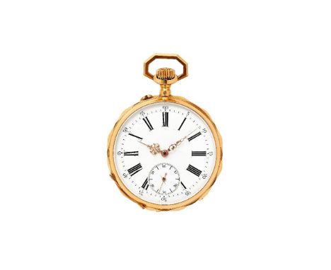 Unsigned,   French gold open face keyless wind pocket watch, no. 123664   Movement: Cylinder movement, three armed domed bala