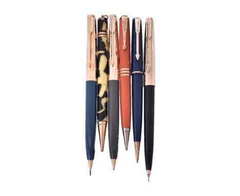 Parker, Duofold, an orange propelling pencil, with gilt clip and triple band, stamped Gargoyle Marine Oils; Parker, 61, a bla