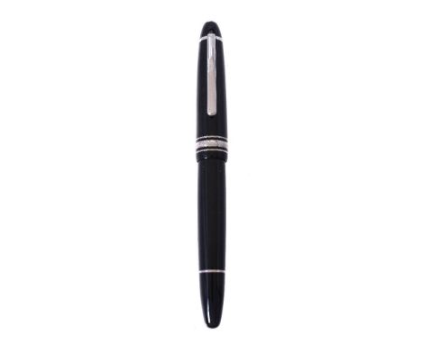 Montblanc, Meisterstuck 146, a black fountain pen, the cap with a white metal clip and triple cap band, the extra fine nib st