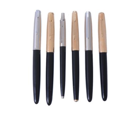 Parker, five black fountain pens, the caps with arrow clips, hooded nibs, squeeze bar filling systems, inked; and a black bal
