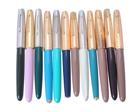 Parker, 51, twelve fountain pens, assorted colours, the caps with arrow clips, hooded nibs, squeeze bar filling systems, inke
