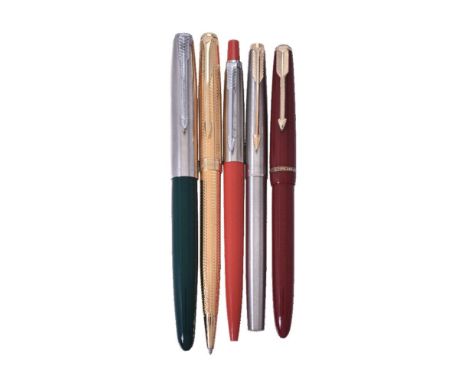 Parker, a maroon fountain pen, with gilt arrow clip and cap band, the nib stamped 14K, squeeze bar filling system, uninked; P