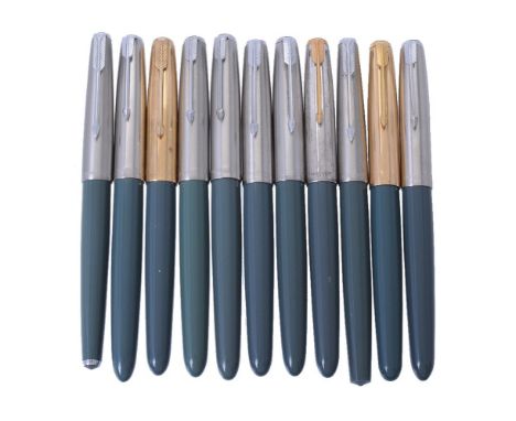 Parker, 51, eleven grey fountain pens, the caps with arrow clips, hooded nibs, squeeze bar filling systems, inked