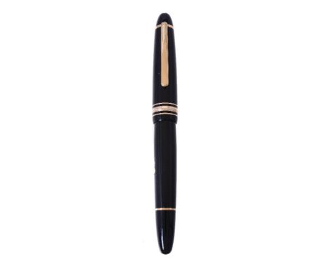 Montblanc, Meisterstuck 146, a black fountain pen, the cap with a gilt clip and triple cap band, the fine nib stamped 14K, in