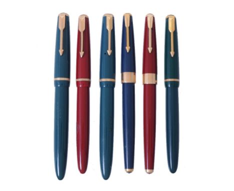 Parker, Victory, a red fountain pen, the cap with gilt arrow clip and cap band, the nib stamped 14K, squeeze bar filling syst