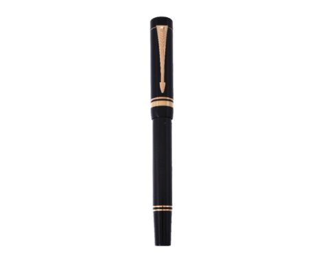 Parker, Duofold International, a black fountain pen, the cap with gilt arrow clip and double cap band, the oblique italic fin