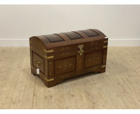 A brass inlaid hardwood dome top trunk, with carry handle to each end H59cm, W98cm, D60cm