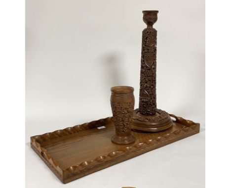 A Kashmiri carved walnut lamp base, the turned and tapered column on a stepped circular base (H56cm) together with similar ur