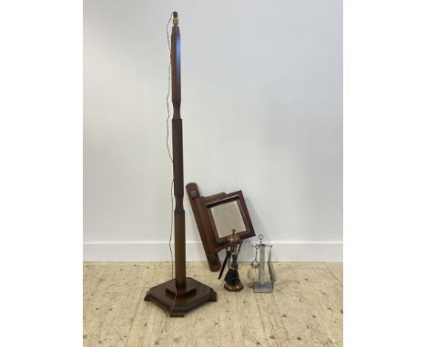 An Art Deco period stained beech lamp standard, (H158cm) together with a wall mounted twin axis swing shaving mirror (H63cm) 
